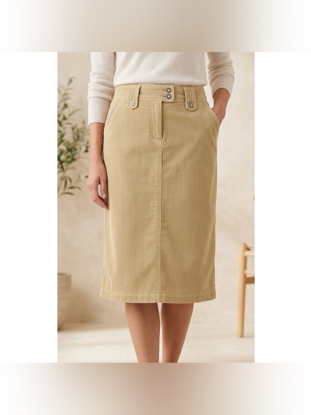Sears Tan Midi Length Corduroy Pencil Skirt with Rhinestone Buttons Size S